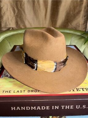 VTG Stetson 4X Beaver Brown Cowboy Hat W/ Feather Hat Band- Size 7 3/8